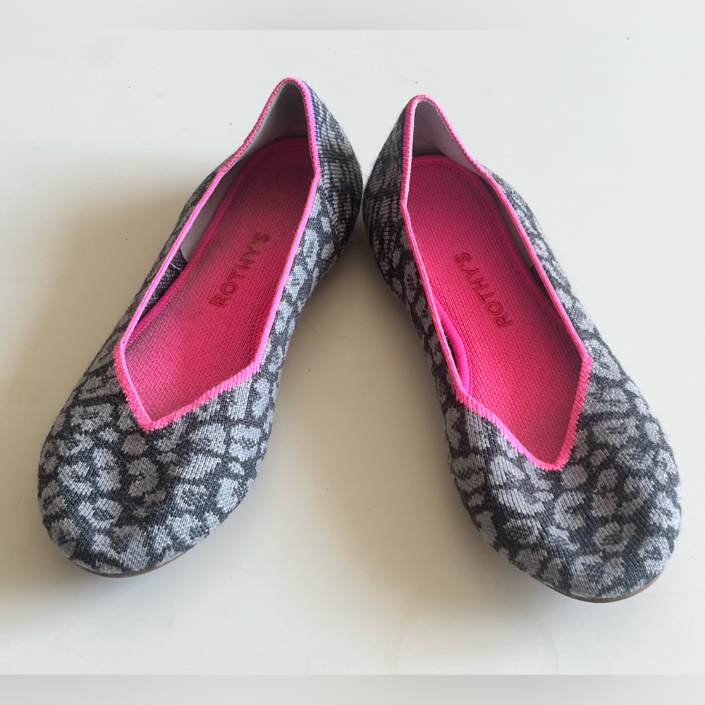 Rothy's flats, grey leopard print with neon pink lining